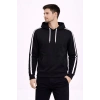Erkek Şeritli Kapüşonlu Sweatshirt Oversize 3 iplik Pamuklu Hoodei - Siyah