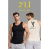 Erkek Spor Slimfit Fitilli Kaşkorse Arka Basklı Atlet 2li Set Siyah-Bej