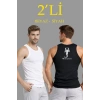 Erkek Spor Slimfit Fitilli Kaşkorse Arka Basklı Atlet 2li Set Siyah-Beyaz