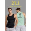 Erkek Spor Slimfit Fitilli Kaşkorse Arka Basklı Atlet 2li Set Siyah-Mint Yeşili