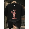 Erkek T-Shirt Pembe Panter Baskılı Kısa Kollu Tişört - Siyah