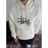 Erkek Üç İplik Kapşonlu Baskılı SweatShirt - Beyaz