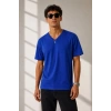 Erkek V Yaka Basic Tişört Kısa Kol Yazlık Regular Fit T-Shirt - Saks Mavisi