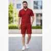 Erkek Waffle Kumaş Kısa Kol Gömlek Şort Takım Regular Yazlık İkili Set - Bordo