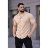 Erkek Waffle Kumaş Kısa Kollu Düğmeli Açık Yaka Regular Fit Gömlek - Bej