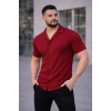 Erkek Waffle Kumaş Kısa Kollu Düğmeli Açık Yaka Regular Fit Gömlek - Kırmızı