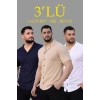 Erkek Waffle Kumaş Yakalı Kısa Kol Düğmeli Gömlek 3’lü Set Bej-Beyaz-Lacivert