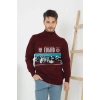 Erkek Yarım Bağazlı Kazak Baskılı Dokuma Triko - Bordo