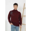 Erkek Yarım Bağazlı Kazak Baskılı Dokuma Triko - Bordo