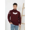 Erkek Yarım Bağazlı Kazak Baskılı Dokuma Triko - Bordo