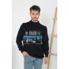 Erkek Yarım Bağazlı Kazak Baskılı Dokuma Triko - Siyah