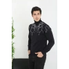Erkek Yarım Bağazlı Kazak Baskılı Dokuma Triko - Siyah