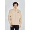 Erkek Yarım Fermuarlı Baskılı 3 iplik pamuklu sweatshirt - Bej