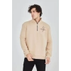 Erkek Yarım Fermuarlı Baskılı 3 iplik pamuklu sweatshirt - Bej