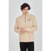 Erkek Yarım Fermuarlı Baskılı 3 iplik pamuklu sweatshirt - Bej