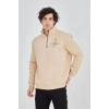 Erkek Yarım Fermuarlı Baskılı 3 iplik pamuklu sweatshirt - Bej