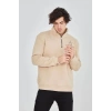 Erkek Yarım Fermuarlı Baskılı 3 iplik pamuklu sweatshirt - Bej