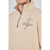 Erkek Yarım Fermuarlı Baskılı 3 iplik pamuklu sweatshirt - Bej