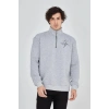 Erkek Yarım Fermuarlı Baskılı 3 iplik pamuklu sweatshirt - Gri