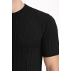 Erkek Yazlık Fitilli Triko Tişört Kısa Kol Bisiklet Yaka T-Shirt - Siyah