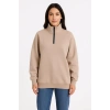 Kadın 3 İplik Dık Yaka Yarım Fermuarlı SweatShirt - Bej