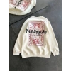 Kadın 3 İplik Pamuklu Bisiklet Yaka Baskılı SweatShirt - Beyaz