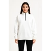 Kadın 3 İplik Pamuklu Dık Yaka Yarım Fermuarlı SweatShirt - Beyaz