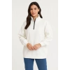 Kadın 3 İplik Pamuklu Dık Yaka Yarım Fermuarlı SweatShirt - Beyaz