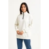 Kadın 3 İplik Pamuklu Dık Yaka Yarım Fermuarlı SweatShirt - Beyaz
