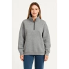 Kadın 3 İplik Pamuklu Dık Yaka Yarım Fermuarlı SweatShirt - Gri