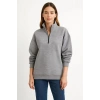 Kadın 3 İplik Pamuklu Dık Yaka Yarım Fermuarlı SweatShirt - Gri