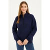 Kadın 3 İplik Pamuklu Dık Yaka Yarım Fermuarlı SweatShirt - Lacivert