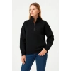 Kadın 3 İplik Pamuklu Dık Yaka Yarım Fermuarlı SweatShirt - Siyah