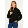 Kadın 3 İplik Pamuklu Dık Yaka Yarım Fermuarlı SweatShirt - Siyah