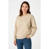 Kadın 3 İplik Pamuklu Düz Bisiklet Yaka SweatShirt - Bej