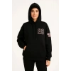 Kadın 3 İplik Pamuklu Kapüşonlu Kanguru Cepli Baskılı Hoodie Sweatshirt - Siyah