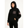 Kadın 3 İplik Pamuklu Kapüşonlu Kanguru Cepli Baskılı Hoodie Sweatshirt - Siyah