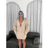 Kadın 3 İplik Pamuklu Kapüşonlu Kanguru Cepli Baskılı Oversize Hoodie Sweatshirt - Bej