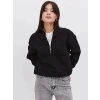 Kadın 3 İplik Pamuklu Oversize Yarım Fermuarlı Yakalı Basic Sweatshirt - Siyah