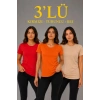 Kadın 3’lü Kısa Kollu Bisiklet Yaka Basic Slim Fit T-Shirt - Kırmızı - Turuncu - Bej