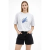 Kadın Asit Yıkamalı Oversize Tişört Bisiklet Yaka Kısa Kol T-shirt - Beyaz