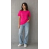 Kadın Basic Pamuklu Tişört Bisiklet Yaka Düz Renk Relaxed Fit T-Shirt - Fuşya