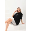 Kadın Baskılı Oversize Kısa kol  T-Shirt - Siyah