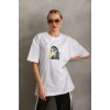 Kadın Baskılı T-Shirt Kısa Kol Bisiklet Yaka Oversize Rahat Kalıp Günlük Tişört - Beyaz
