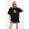 Kadın Baskılı T-Shirt Kısa Kol Bisiklet Yaka Oversize Rahat Kalıp Günlük Tişört - Siyah
