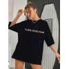 Kadın Baskılı T-Shirt Kısa Kol Bisiklet Yaka Oversize Rahat Kalıp Tişört - Siyah