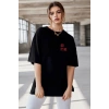 Kadın Baskılı T-Shirt Kısa Kol Bisiklet Yaka Oversize Rahat Kalıp Tişört - Siyah