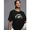 Kadın Baskılı T-Shirt Kısa Kol Bisiklet Yaka Oversize Rahat Kalıp Tişört - Siyah