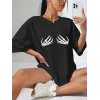 Kadın Baskılı T-Shirt Kısa Kol Bisiklet Yaka Oversize Rahat Kalıp Tişört - Siyah
