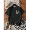 Kadın Baskılı T-Shirt Kısa Kol Bisiklet Yaka Oversize Rahat Kalıp Tişört - Siyah